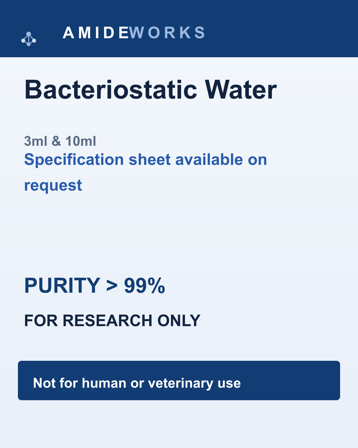 Bacteriostatic Water (3ml & 10ml) — product label, purity above 99%, research use only