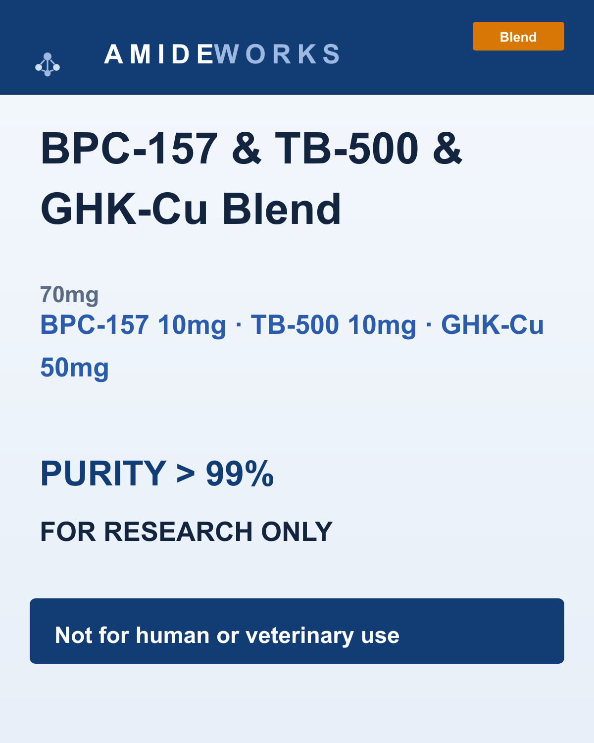 BPC-157 & TB-500 & GHK-Cu Blend (70mg) — product label, purity above 99%, research use only