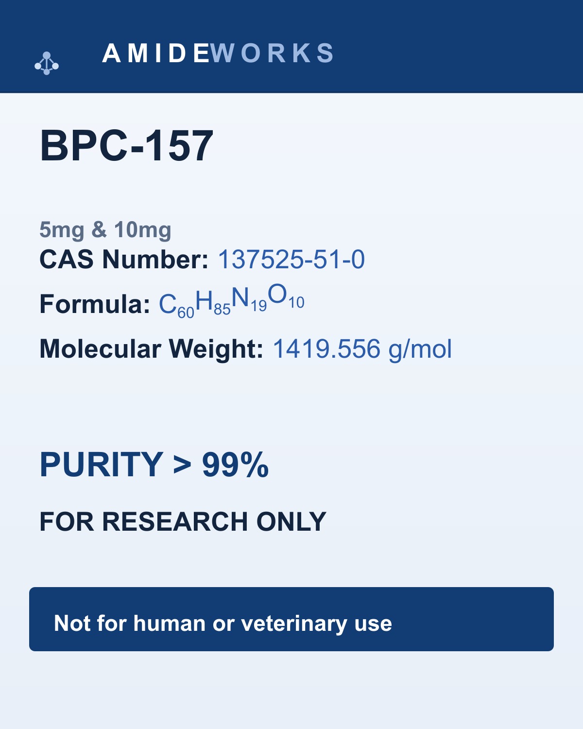 BPC-157 (5mg & 10mg) — product label, purity above 99%, research use only