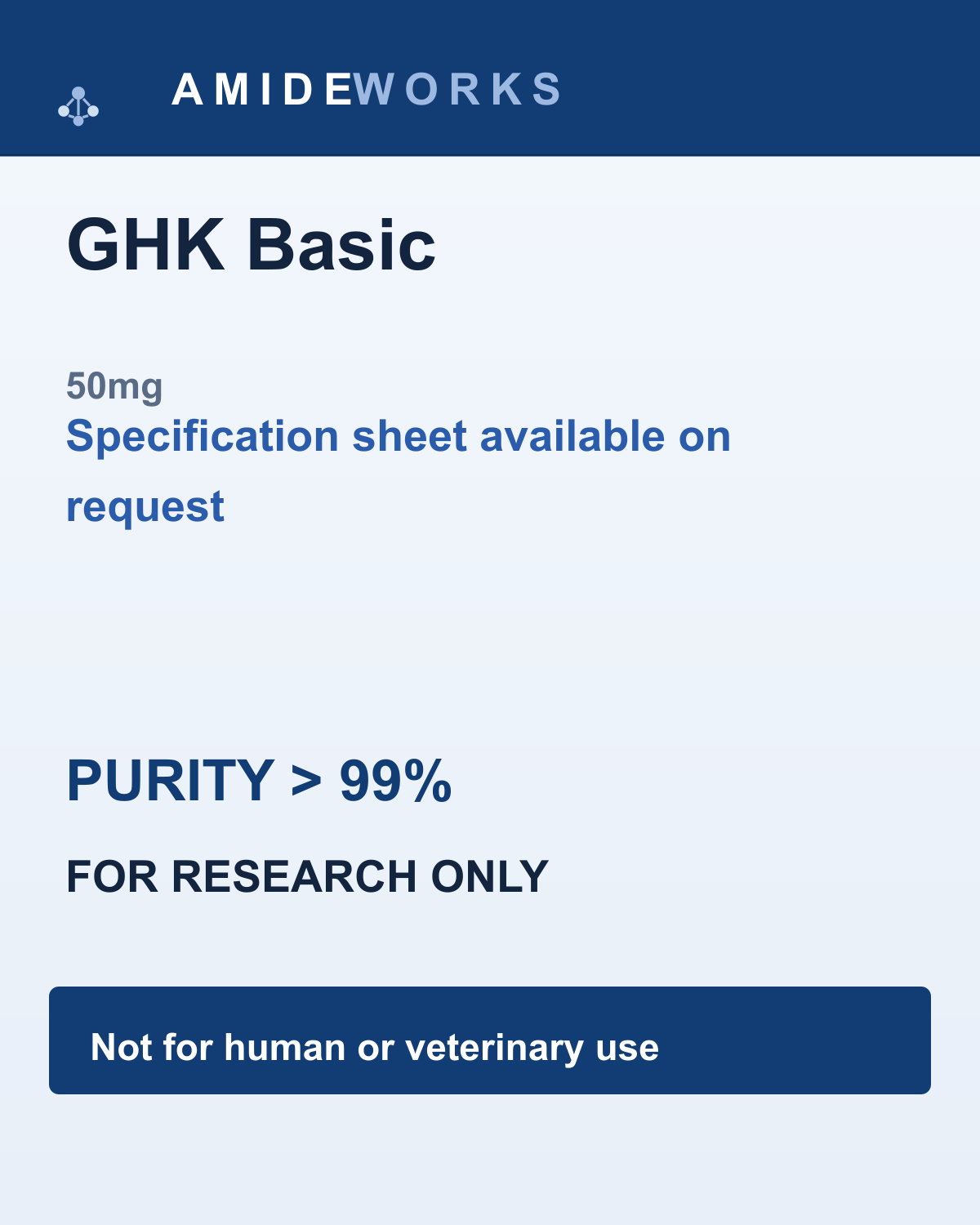 GHK Basic (50mg) — product label, purity above 99%, research use only