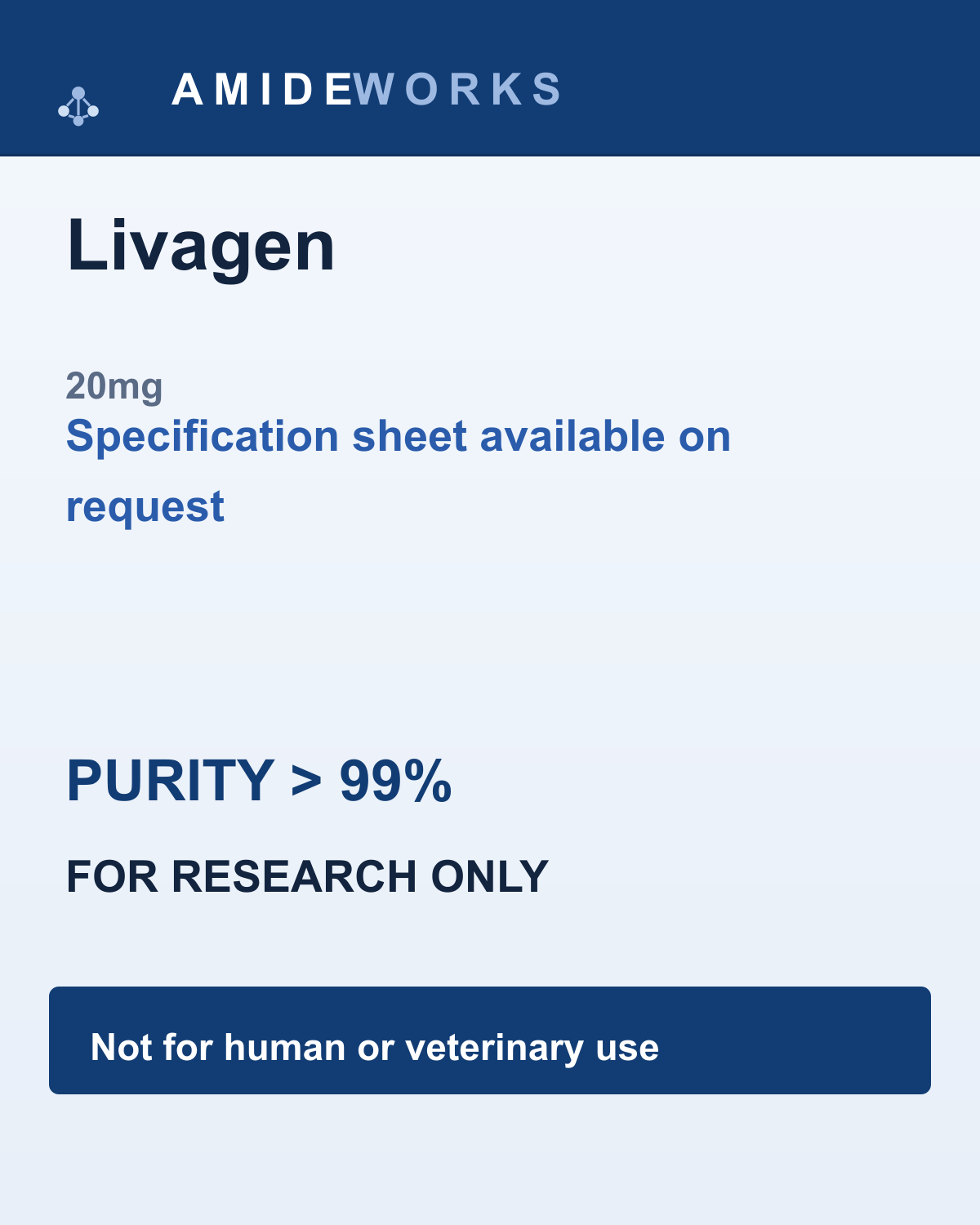 Livagen (20mg) — product label, purity above 99%, research use only
