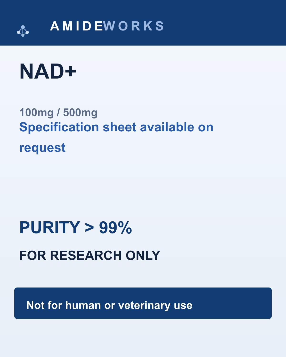 NAD+ (100mg / 500mg) — product label, purity above 99%, research use only