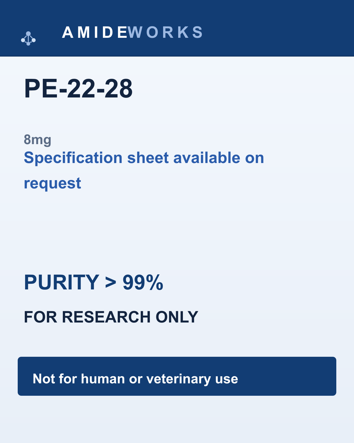 PE-22-28 (8mg) — product label, purity above 99%, research use only