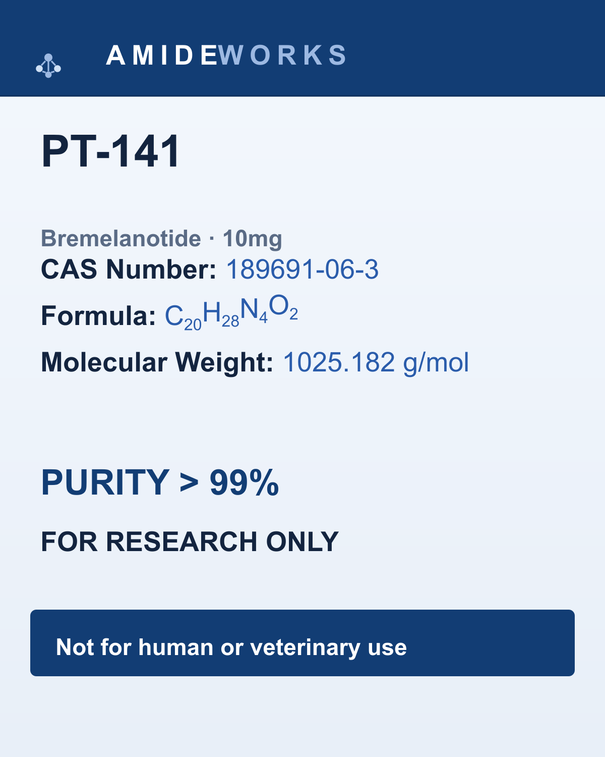 PT-141 (Bremelanotide) (10mg) — product label, purity above 99%, research use only