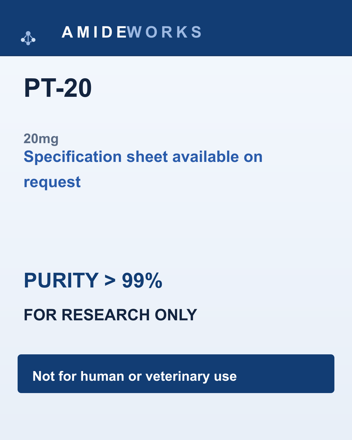 PT-20 (20mg) — product label, purity above 99%, research use only