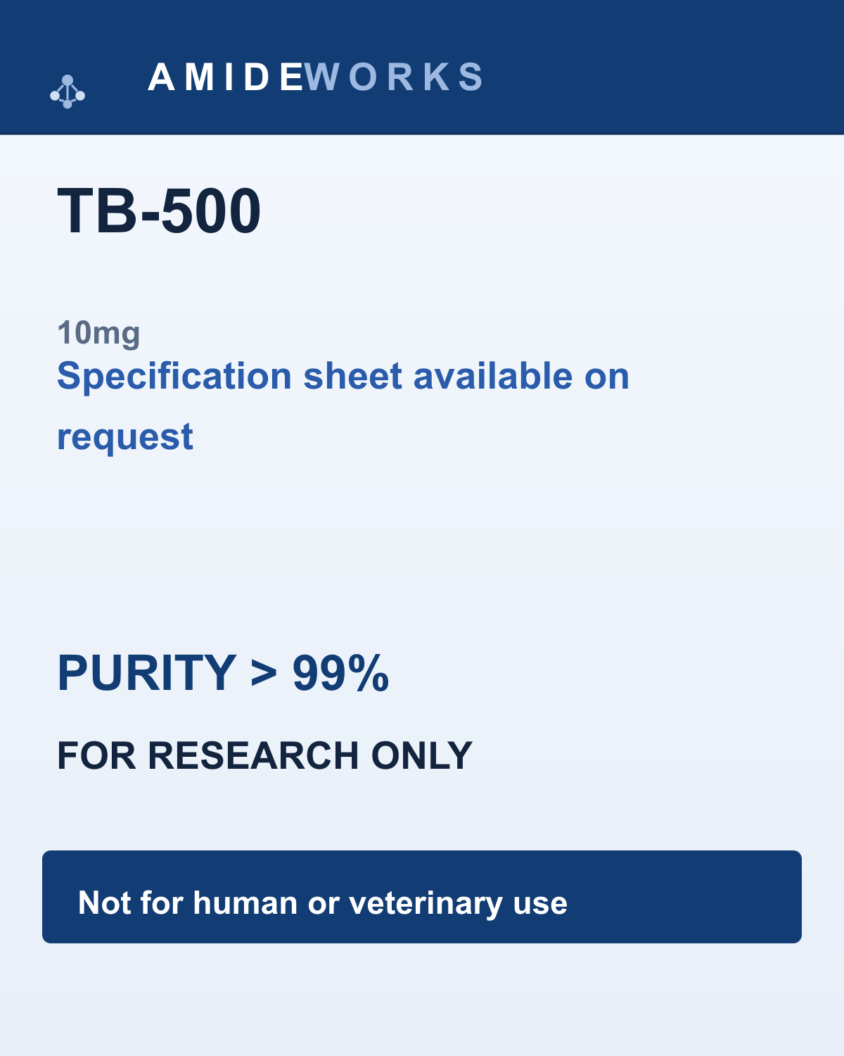 TB-500 (10mg) — product label, purity above 99%, research use only