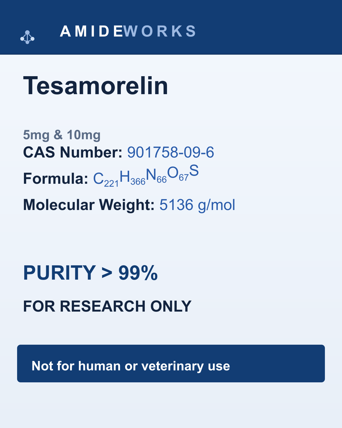 Tesamorelin (5mg & 10mg) — product label, purity above 99%, research use only