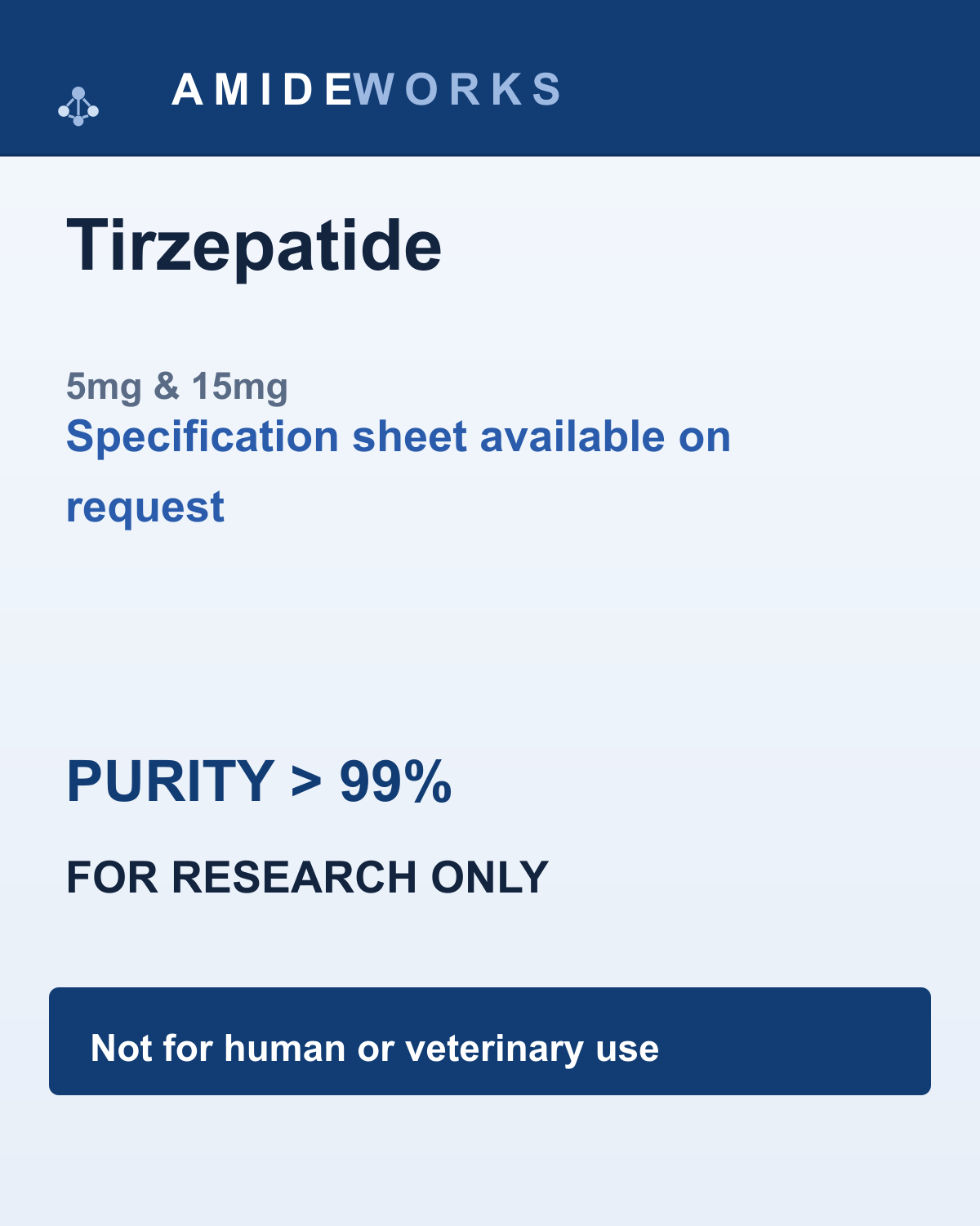 Tirzepatide (5mg & 15mg) — product label, purity above 99%, research use only