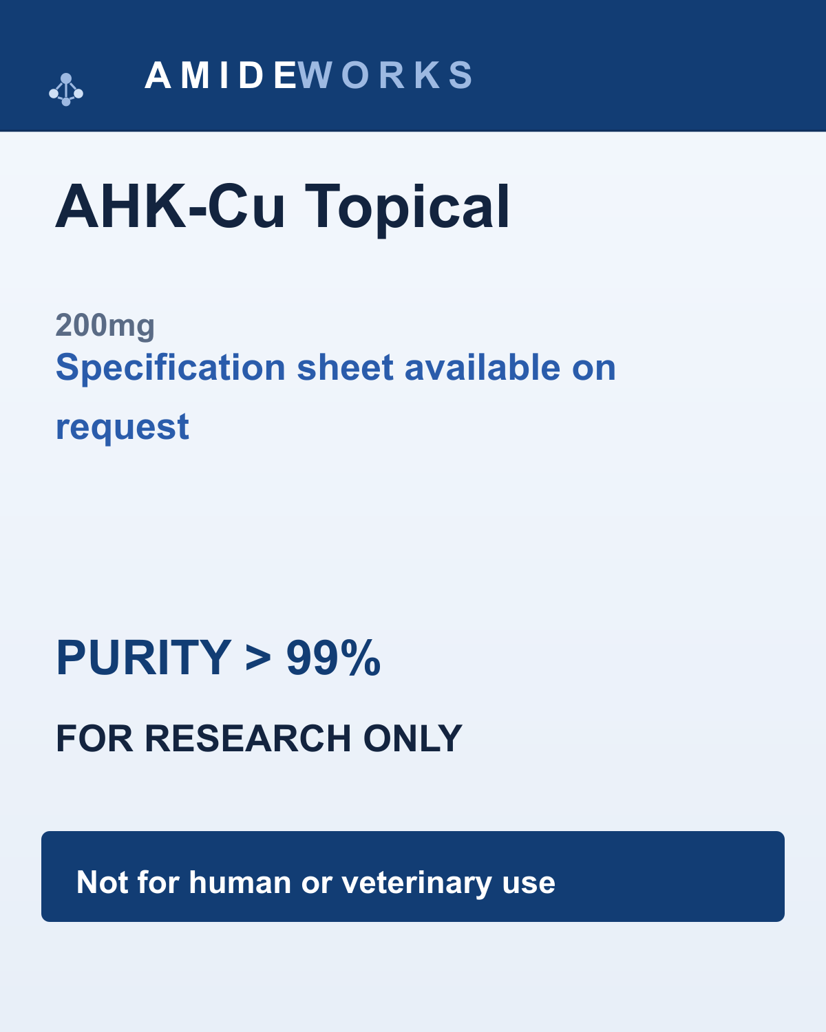 AHK-Cu Topical (200mg) — product label, purity above 99%, research use only