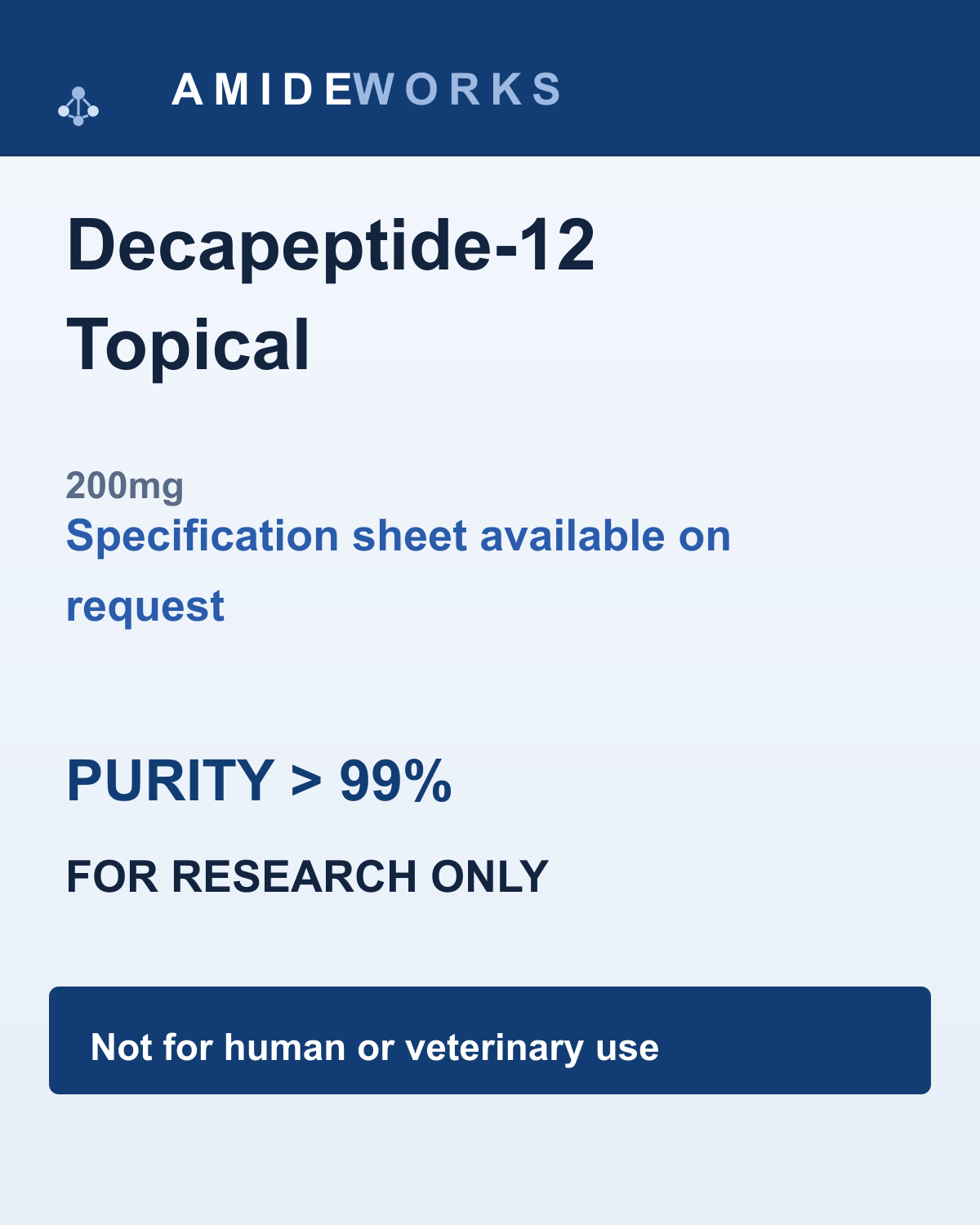 Decapeptide-12 Topical (200mg) — product label, purity above 99%, research use only