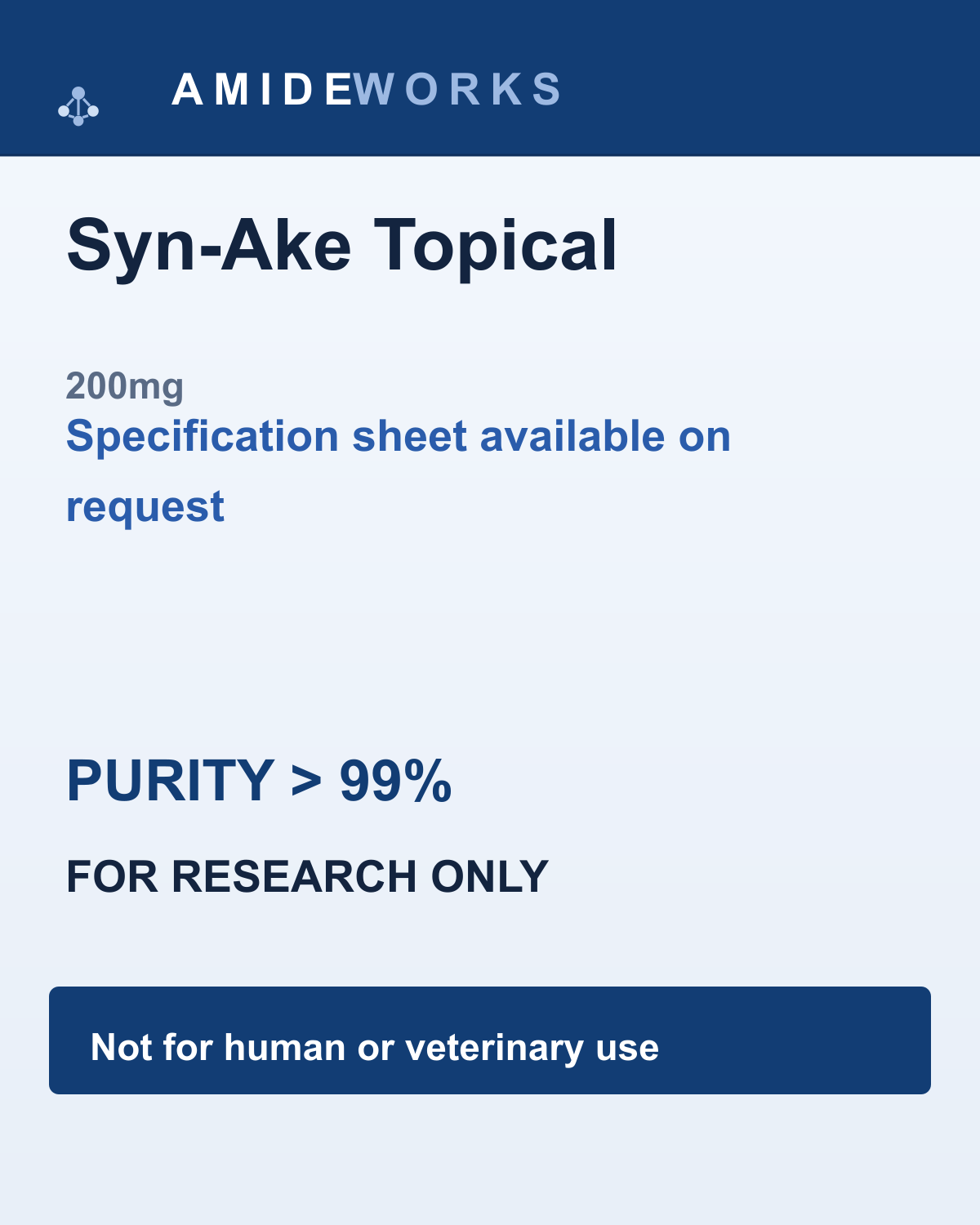 Syn-Ake Topical (200mg) — product label, purity above 99%, research use only