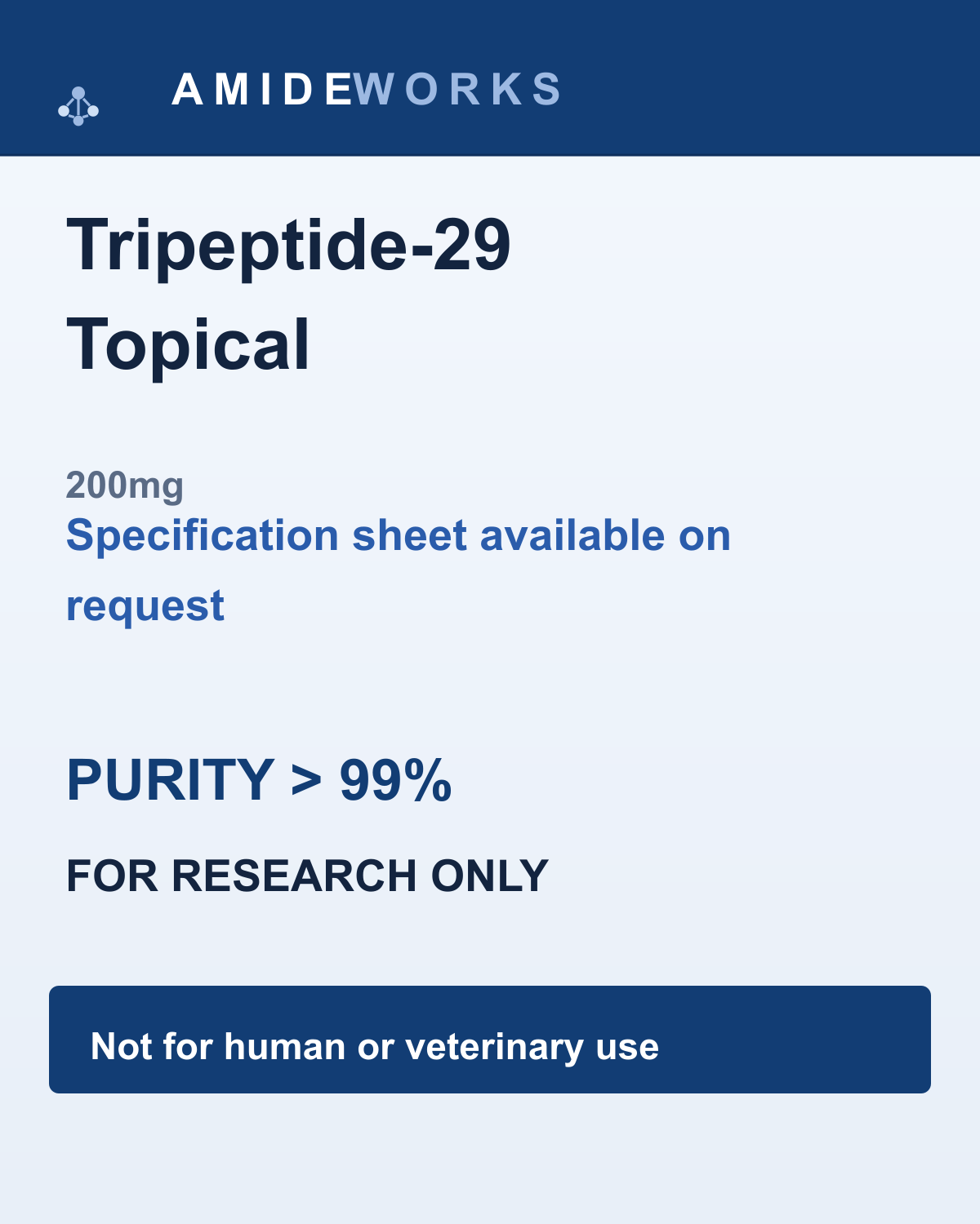 Tripeptide-29 Topical (200mg) — product label, purity above 99%, research use only